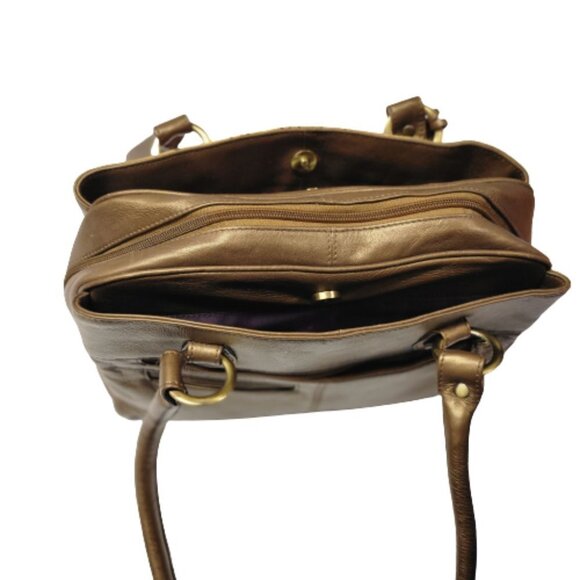 Anuschka Leather Handbag Bronze Gold Handpainted Triple Compartment Handbag - Picture 7 of 16